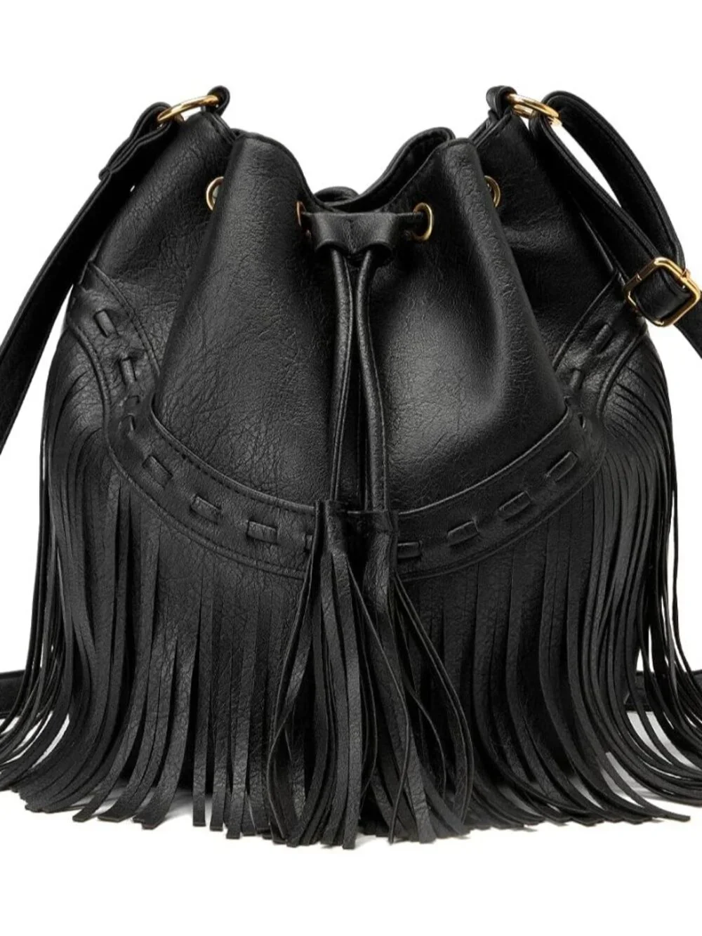 Leather Bucket Bags for Women Crossbody Fringe Purses with Drawstring Ladies Tas - Picture 1 of 8